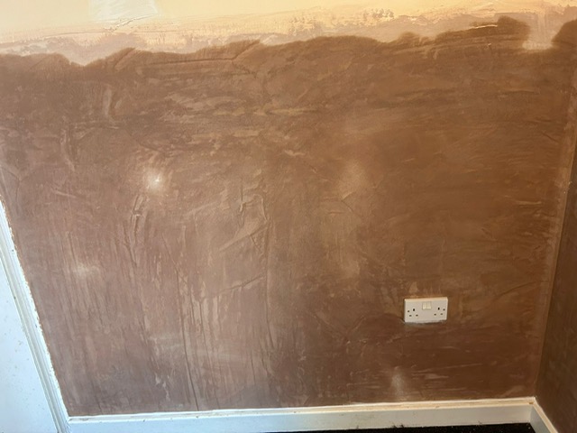 A fresh render coat drying on a treated wall