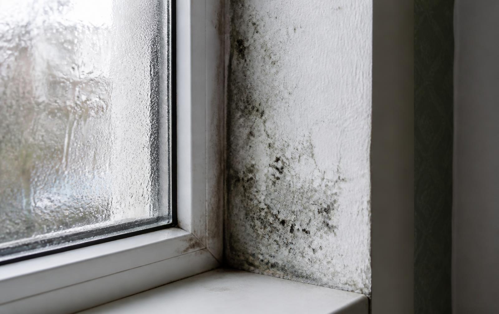 Black mould growing on a window reveal and wall above a condensation covered window