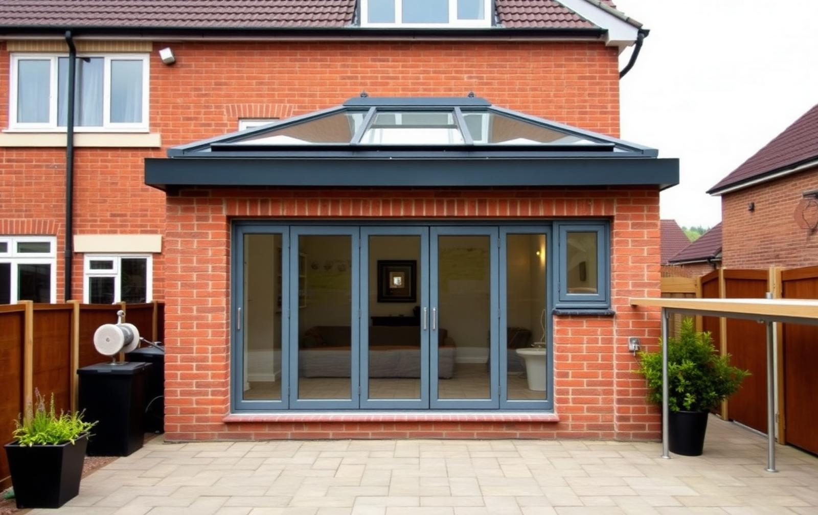 A newly built single storey rear house extension with a flat roof, roof lantern and grey bifold doors