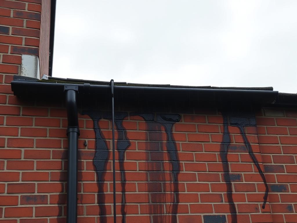 Rainwater staining running down a brick wall below a leaking gutter