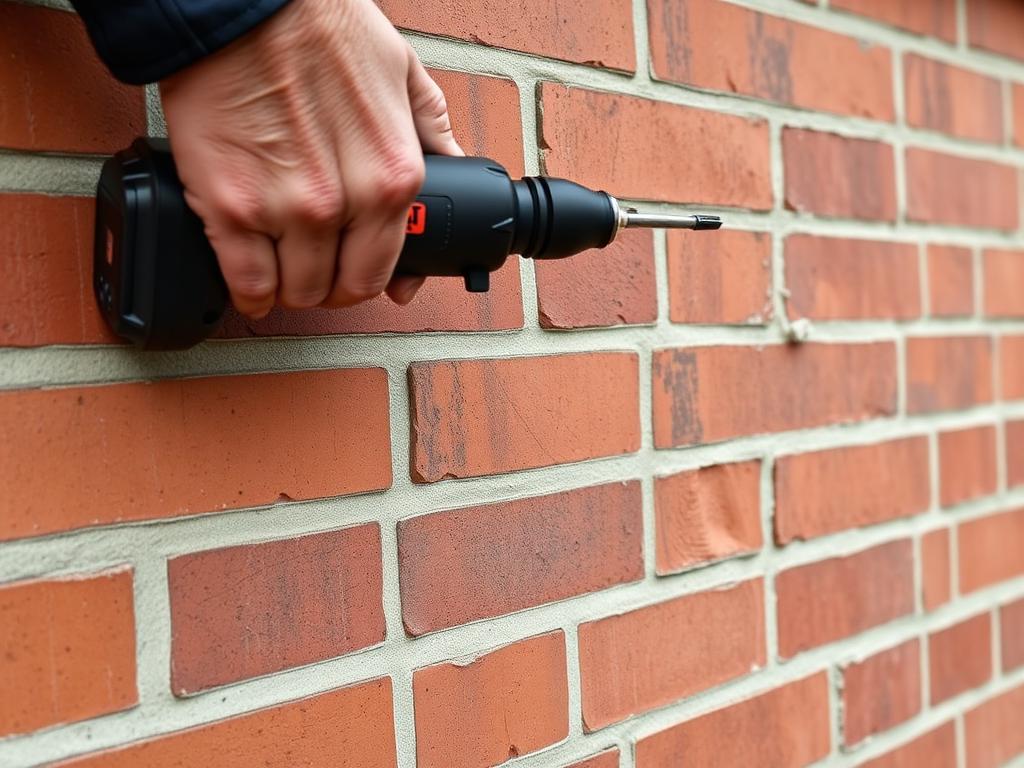 Installing a remedial stainless steel wall tie into the mortar bed of a brick wall