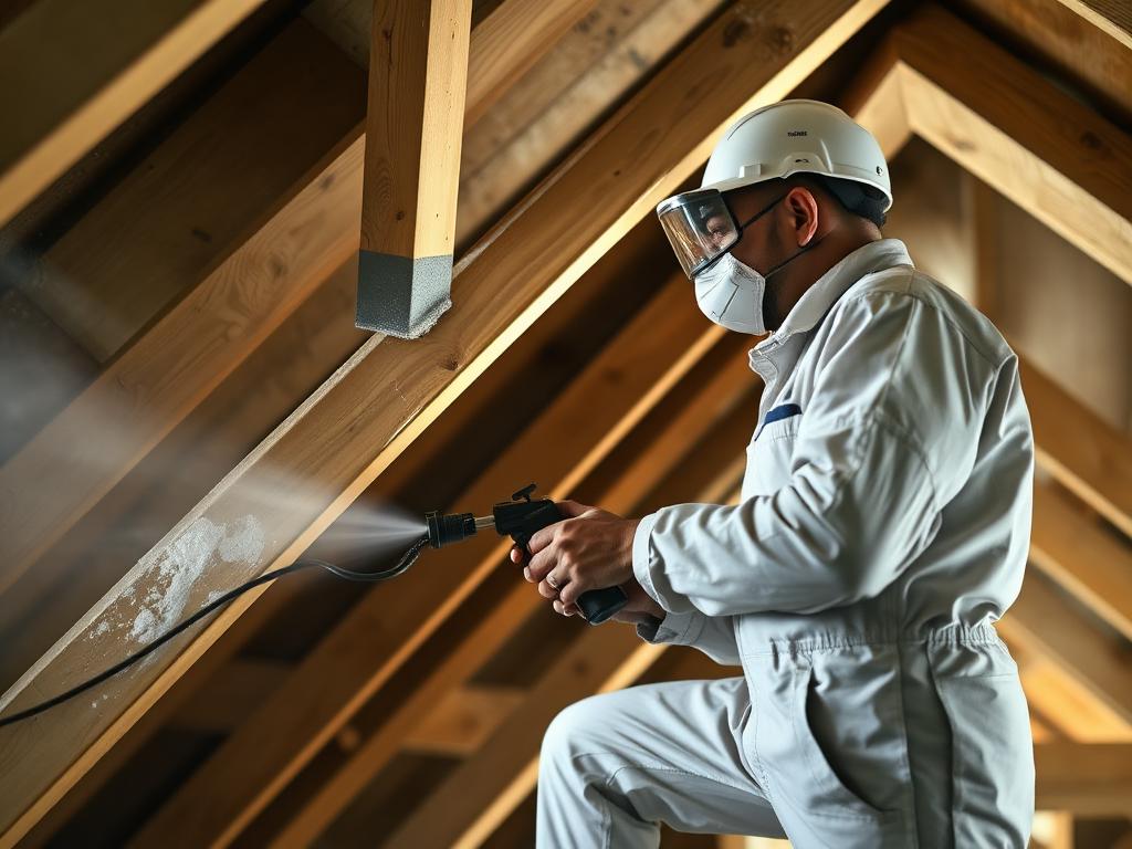 Spraying timber preservative treatment onto roof joists in a loft