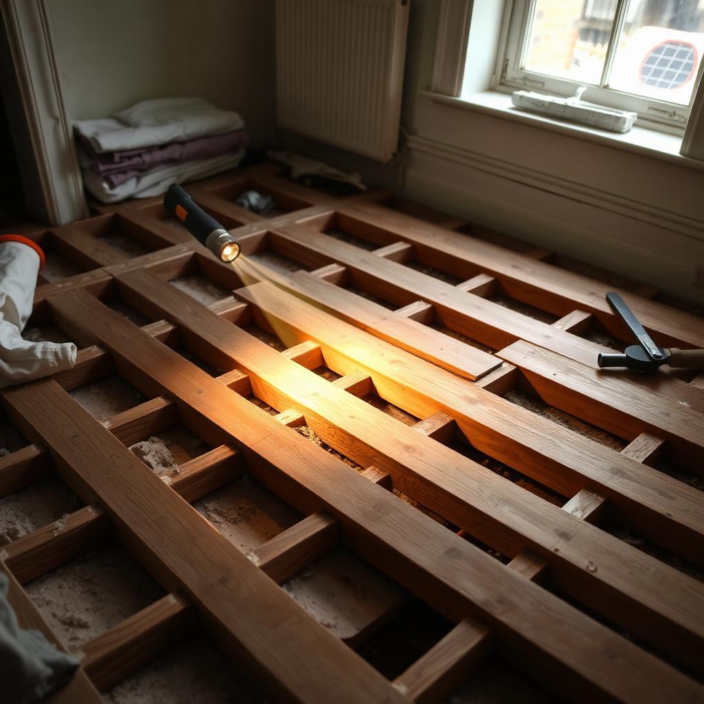 Floorboards lifted to inspect the joists below for woodworm and decay